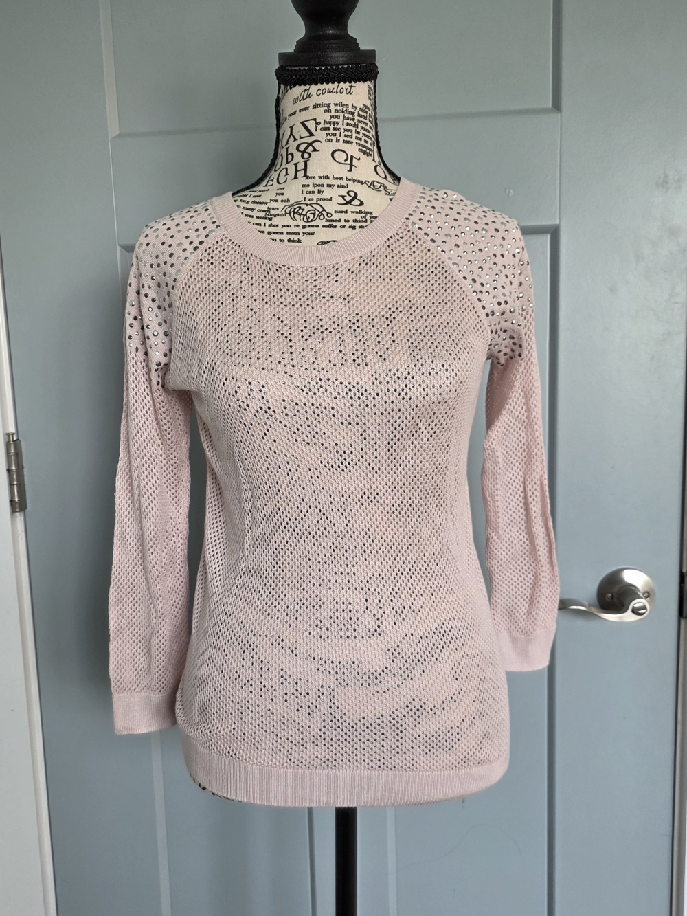 ​Express Pink Open Knit Rhinestone Sweater Embellished Studded Pullover Top S